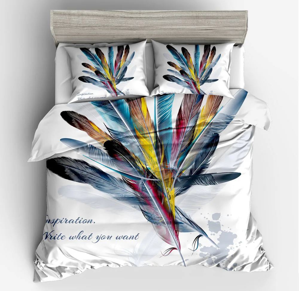 Colorful Feather Duvet Cover Set Queen Size,Various Colored Bird