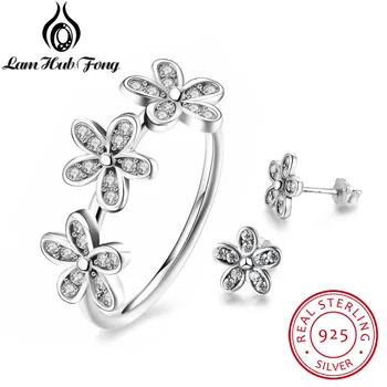 

Vintage 925 Sterling Silver Fine Jewelry Sets For Women Daisy Flower Cubic Zirconia Ring Stud Earrings Set (Lam Hub Fong)