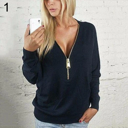 

Women Deep V Zip T-Shirt Long Sleeve Tops Pullover Sweatshirt Jumper Jacket Coat