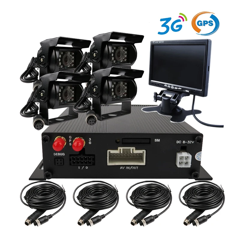 

Free Shipping 4 Channel 3G GPS SD Vehicle Car DVR MDVR Video Recorder Remote View Rear Side Front View Car Duty Camera + 7" LCD