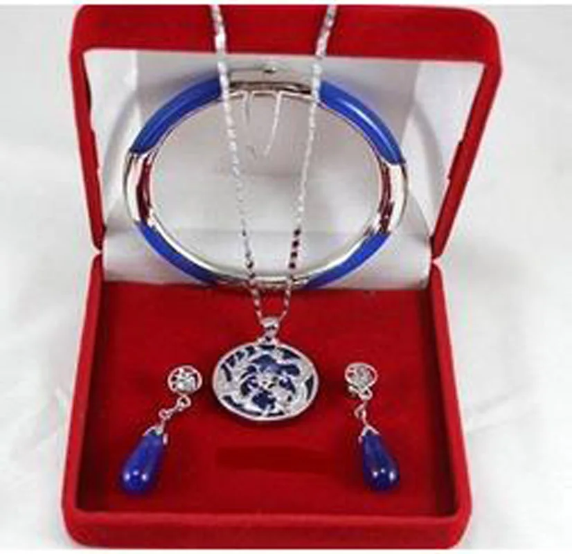 

New Women's fashion Blue Bangle Bracelet Pendant Earring Jewelry Set 5g64ht8y