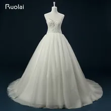 Real High Quality Tulle Ball Gown Sweetheart Appliques Top Beaded Chapel Train Bridal Wedding Dress Vestido de Novia ASAFN47