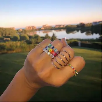 

Gold color Unique Design CZ Ring Paved Austrian Zircon square colorful cz engagment band Fashion Women Ring Jewelry