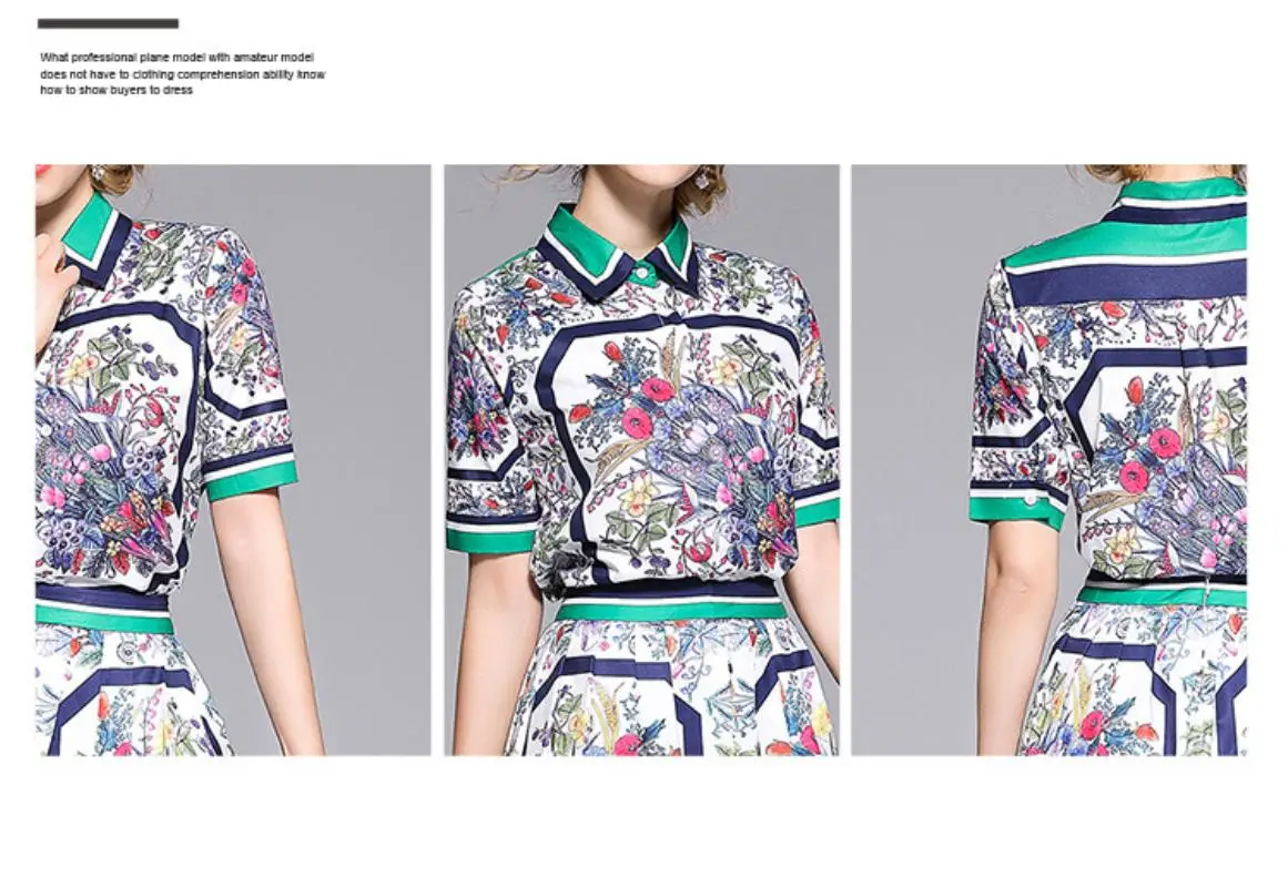 European women's wear 2018 The new summer With short sleeves lapel Stripe edge Floral print shirt + Pleated skirt  printing suit