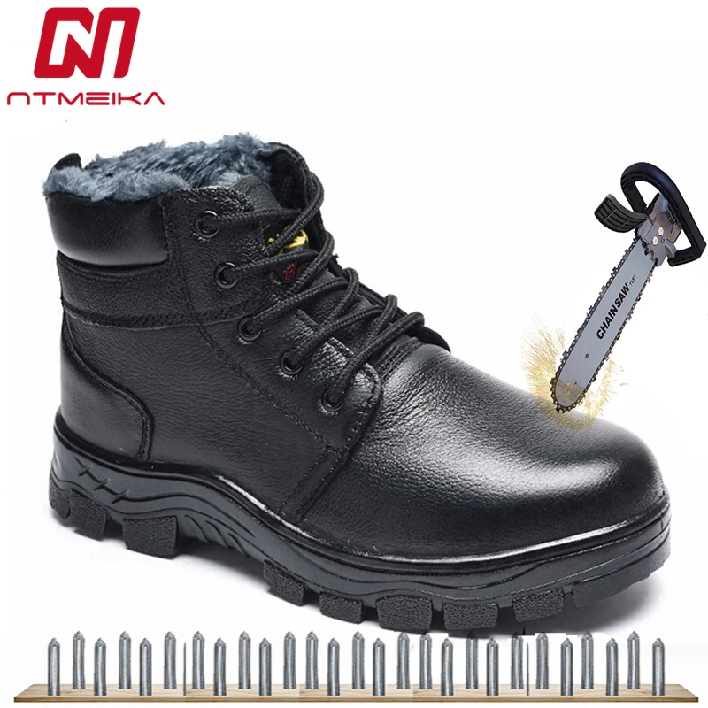 

Men Winter Safety Shoes Steel Toe Genuine Leather Work Shoes Men Lace-up Warm Safety Work Boots Puncture-proof Big Size 35-46