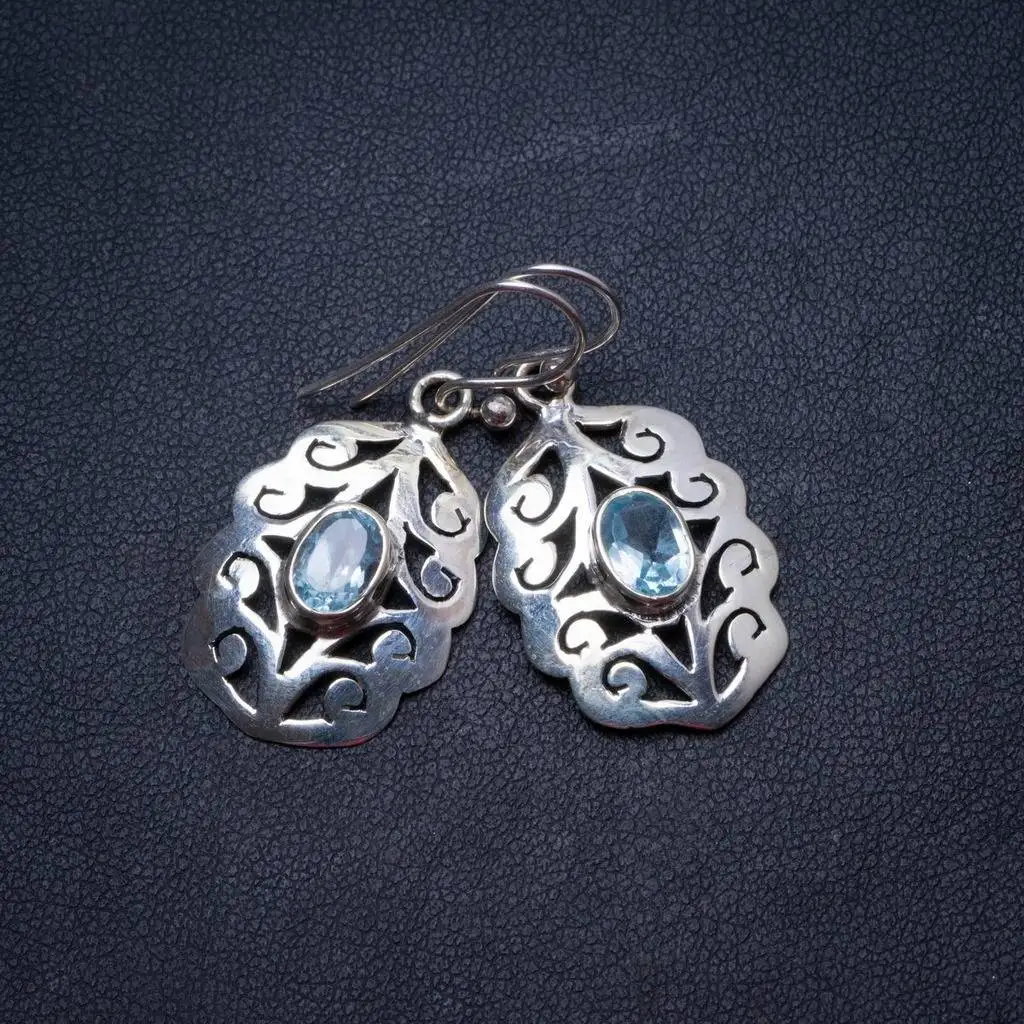 

Natural Blue Topaz Handmade Unique 925 Sterling Silver Earrings 1.25" X3617