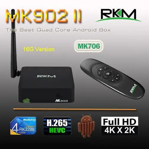 

Smart Android 5.1 TV BOX RKM MK902II Quad Core RK3288 2G DDR3 16G ROM Bluetooth Dual Band Wifi GBit Ethernet[MK902II/16G+MK706]