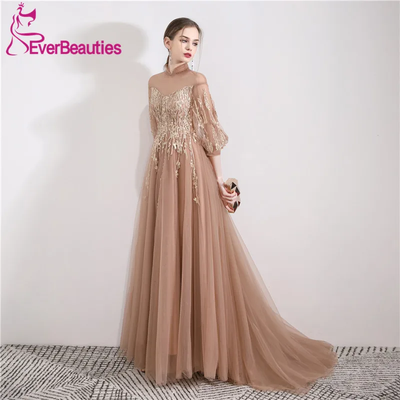 

Luxury Prom Dresses 2019 Tulle Appliques Half Sleeves Vestidos De Gala Evening Party Dresses Backless Prom Gown Robe De Soiree