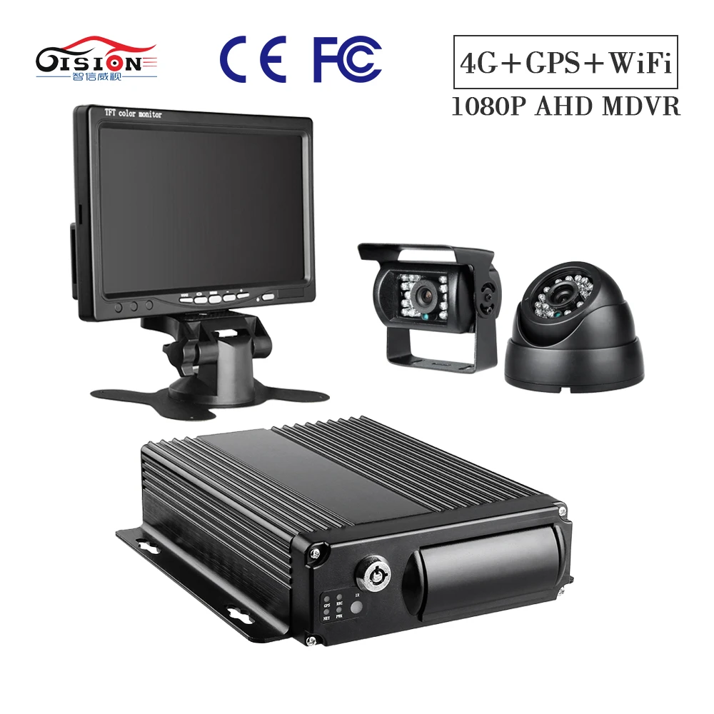 

GISION 4CH GPS WIFI 4G SD Card Mobile DVR 256G max G-sensor I/O Alarm , 2PCS Security Cameras,7 Inch VGA Monitor for Taxi Truck