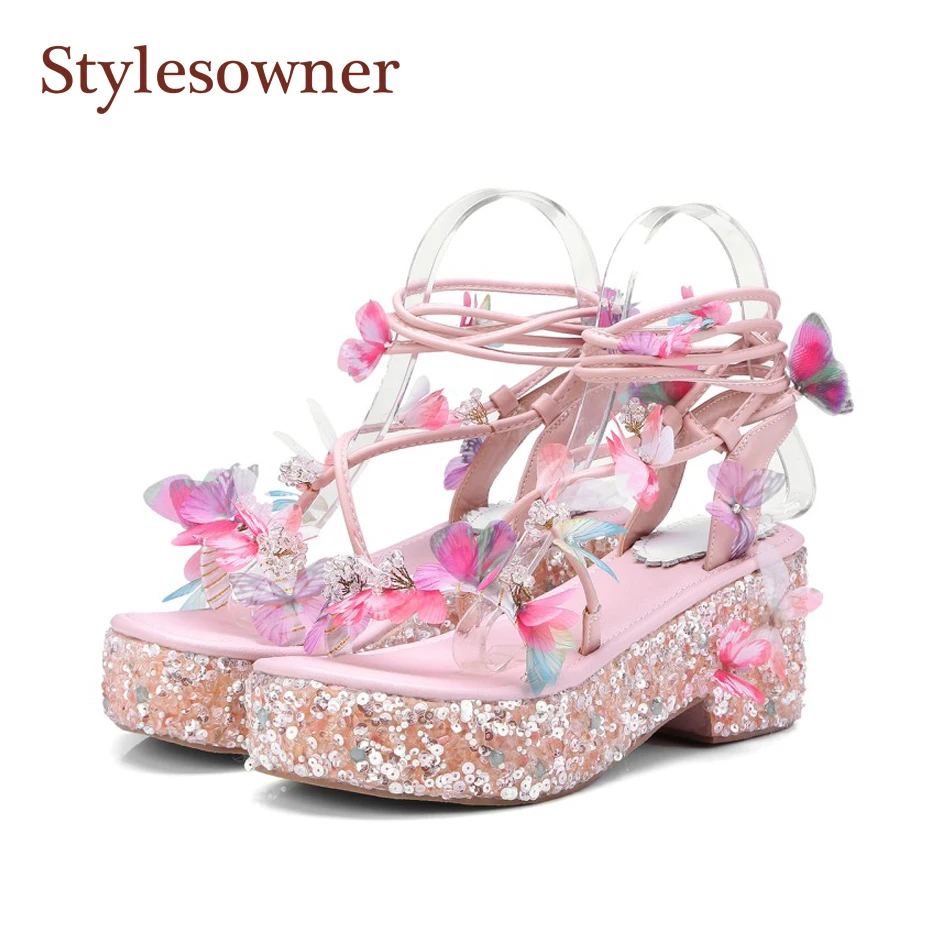 Stylesowner Summer Pink Flower Sandal Shoe Full Sequins Platform Heel