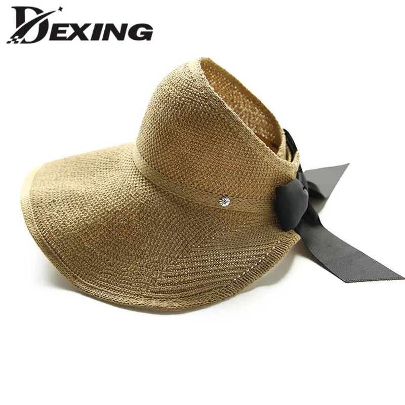 

Spring Linen crochet Sun Hat Bow Summmer Wide Brim Floppy Hat for Women Korean Visor Fashion Beach Hat Ladies Travel Fold Cap