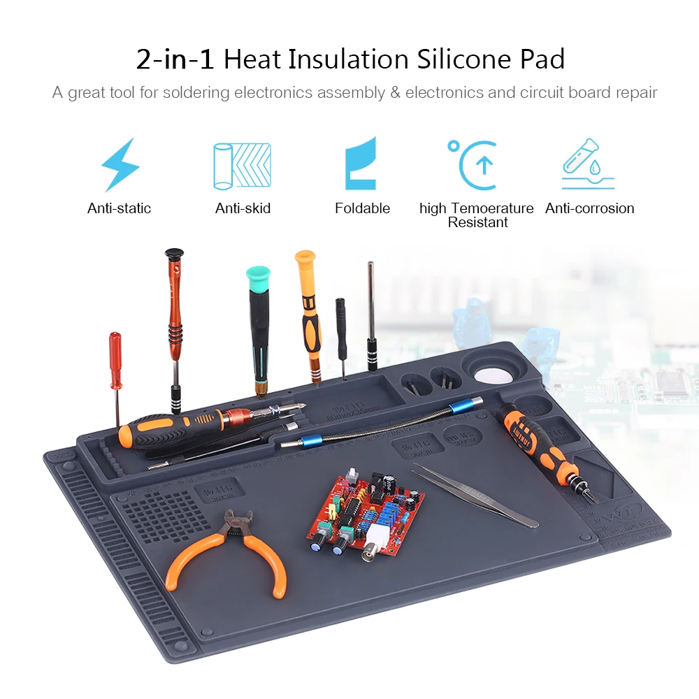 

2-in-1 Heat Insulation Silicone Pad Desk Mat Maintenance Platform For BGA Soldering Repair Station With Magnetic Section 41x28cm