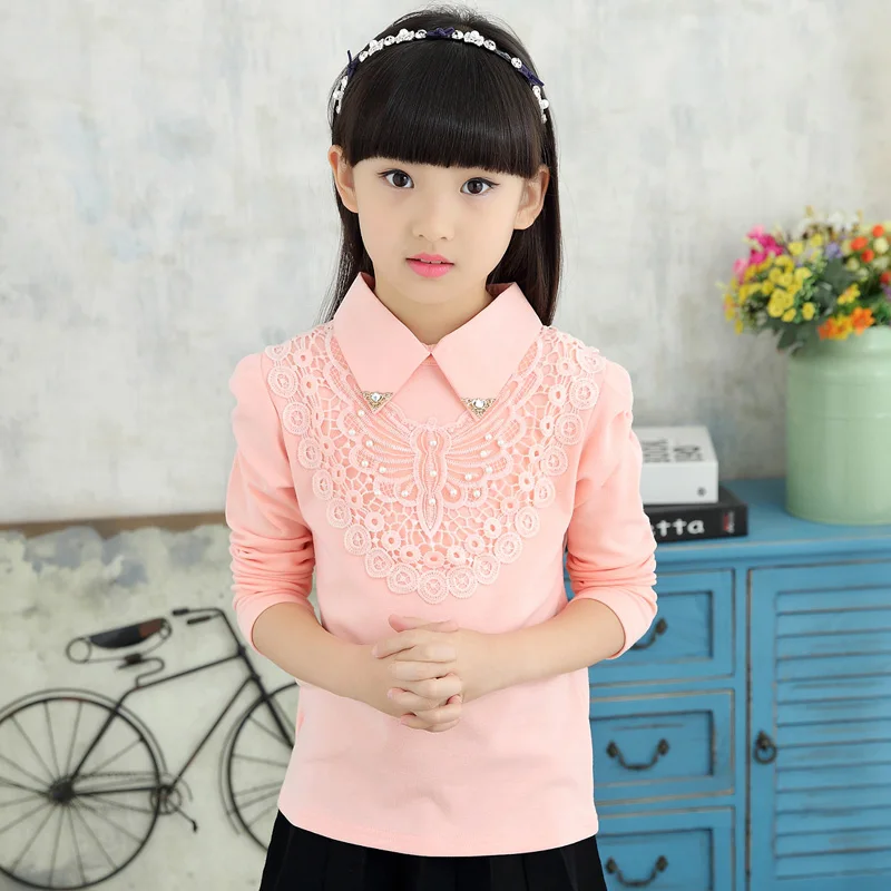 3-15Y Girls White Blouse Lace School Girl Blouse For Girls Long Sleeve Shirts Spring & Autumn Fashion Shirt Kids Clothes AA1985