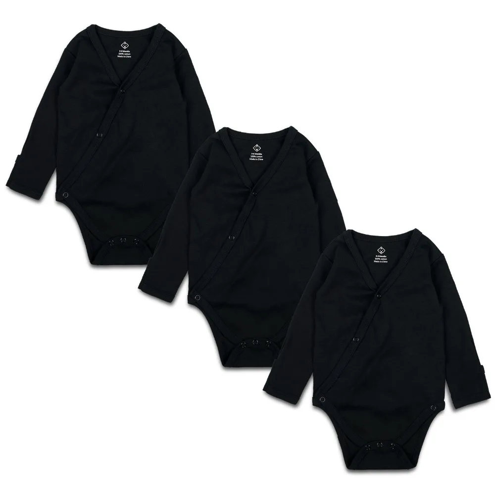 

3PCS Newborn Baby Boy Girl Bodysuit Black V-neck Unisex Infant Kimono Jumpsuit Solid Long Sleeve Baby Clothes Snap Mitten Cuffs