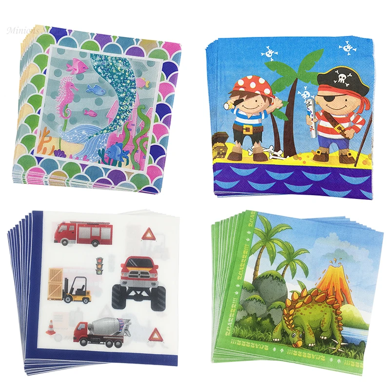 

20pcs/lot Lovely Dinosaur Mermaid tail Paper Napkins cartoon cars party napkins towels for Pirate Birthday party Supplies