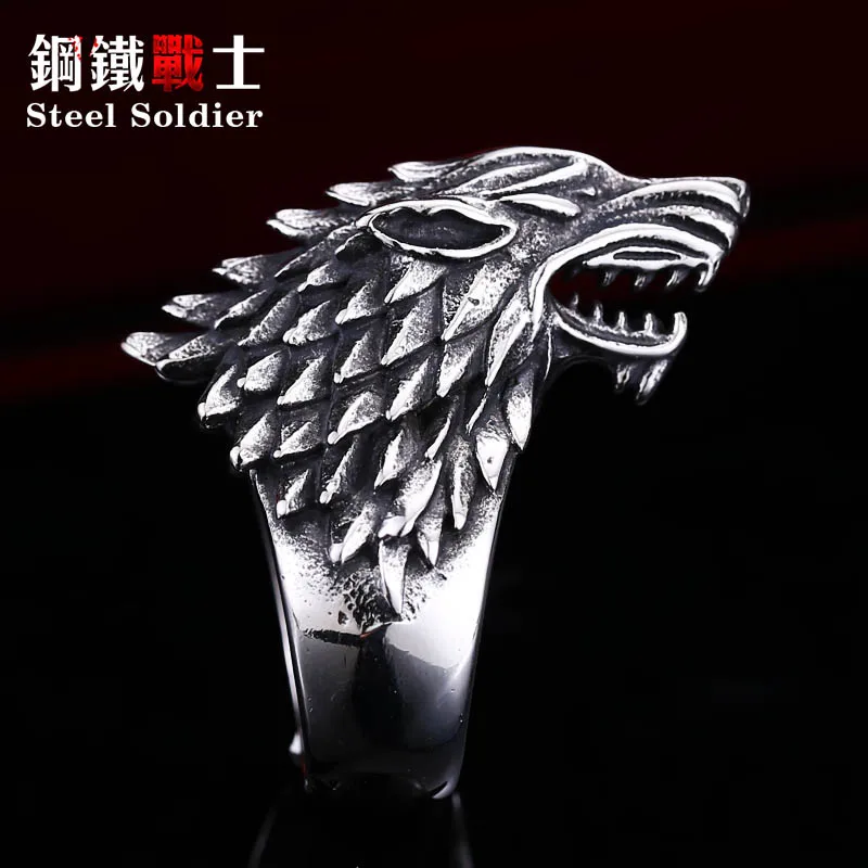 

steel soldier Stainless Steel Game of Thrones style ice wolf House Stark of Winterfell Biker ring Fashion unique Jewelry