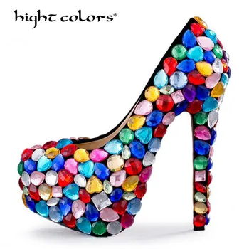 

Women Pumps 2019 Crystal High Heels Design Sexy Gladiator Thin Heels Women Rhinestone Party Shoes Plus size 34~43