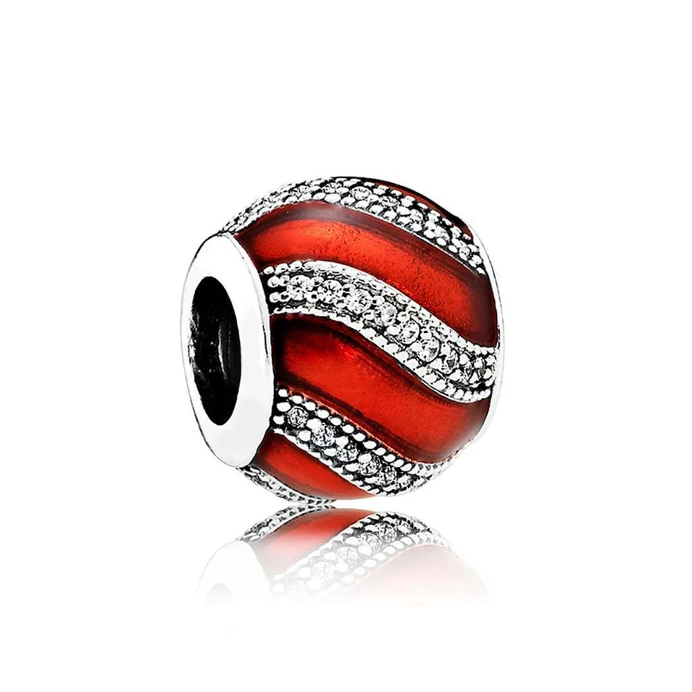 

NEW 100% 925 Sterling Silver Adornment Charm Translucent Red Enamel & Clear CZ Bead Fits Original Bracelets DIY Jewelry