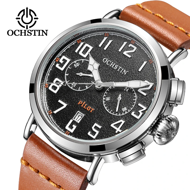 

OCHSTIN Men's Watches Chronograph Sports Military Genuine Leather 30M Waterproof Clock Man Quartz Watches Men Fashion Watch