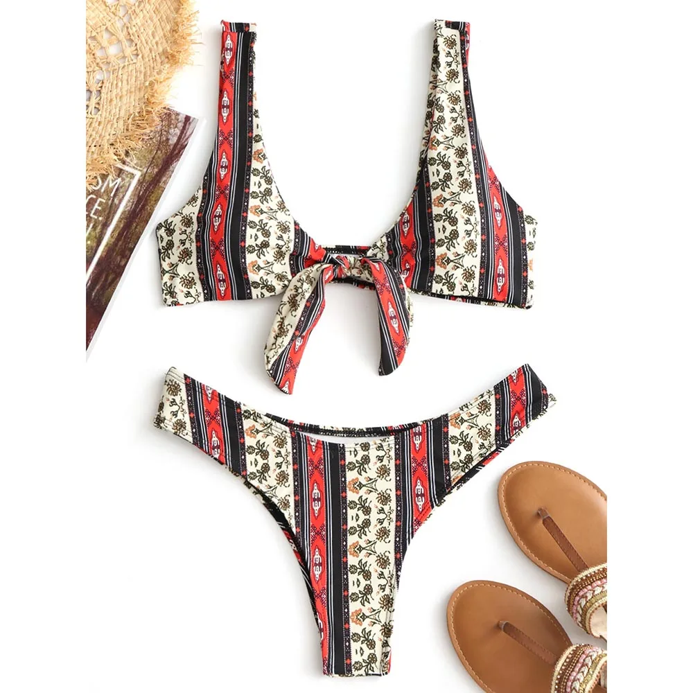 

Front Tie Printed Bikini Set Floral Knot High Cut Bikini Swimwear Sexy Bathing Suit Push Up Swimsuit Biquini Beach Wear