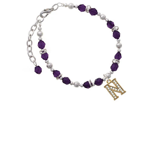 Goldtone Crystal Initial - N - Purple Beaded Bracelet