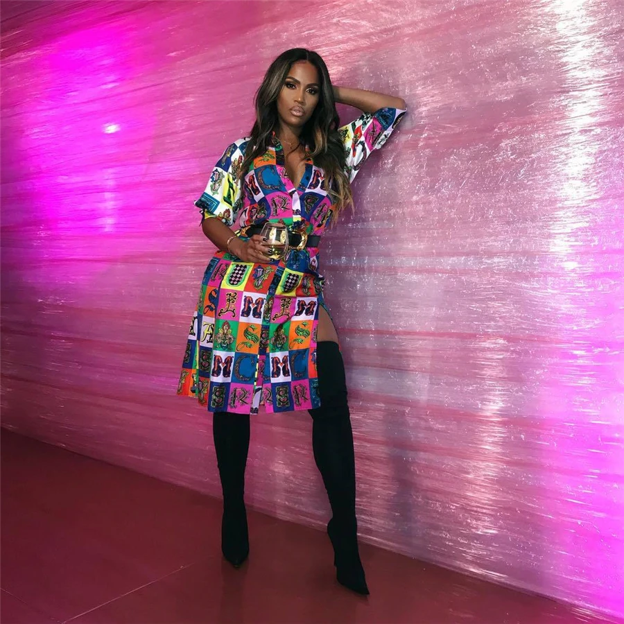 BAIBAZIN African Dresses for Women Best selling European and American Fashion Sexy Digital Printing Split 7-sleeve Shirt Skirt