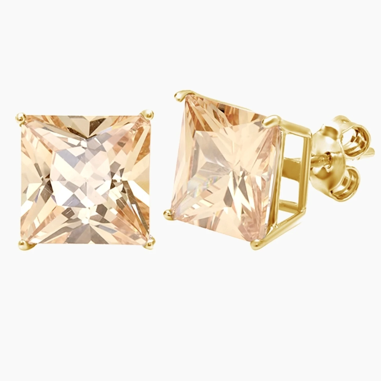 14K Yellow Gold Finish Princess Cut Morganite Stud Earrings 4-Prong Set 1.96ct