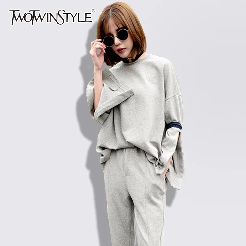 

TWOTWINSTYLE Split Pullover Womens Basic O Neck Long Sleeve Gray Hoody Female 2019 Spring Large Size Fashion Casual Clothing