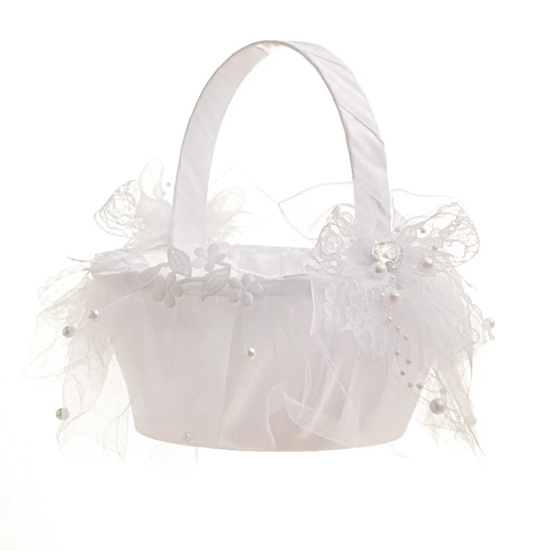 

Portable Flower Basket Girl Wedding Large Satin Petals Candy Rhinestones Ceremony Souvenirs Ivory Ribbon Flower New