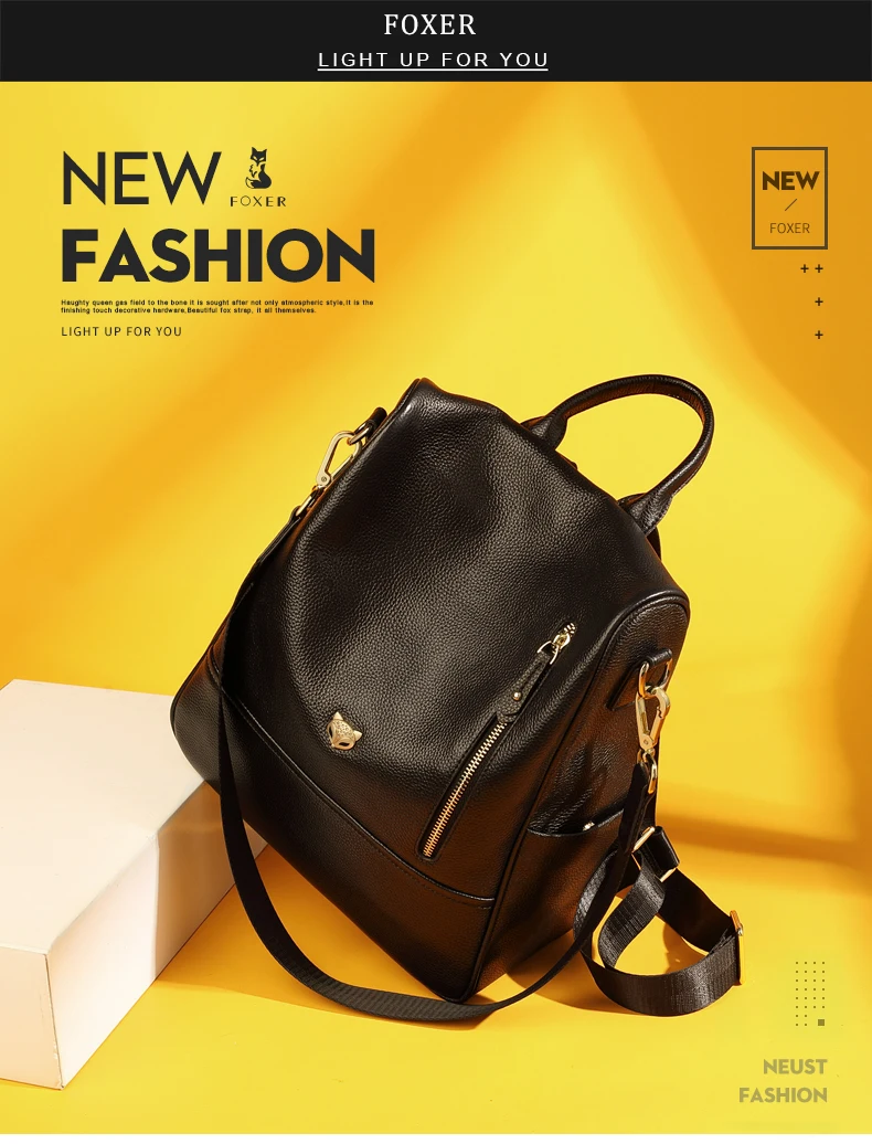 FOXER брендовый студенческий мягкий рюкзак для женщин из натуральной кожи, однотонные дорожные сумки, женский рюкзак из коровьей кожи для леди