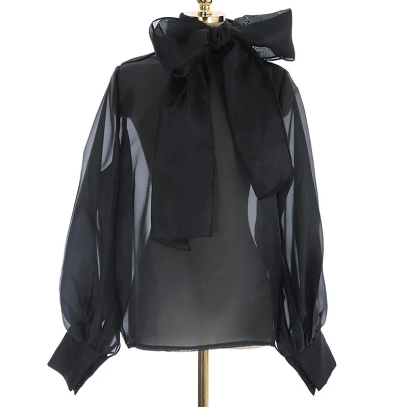 [MENKAY] элегантные женские топы и блузки с рукавами-фонариками и шнуровкой больших размеров, женские рубашки, осень, модная новинка