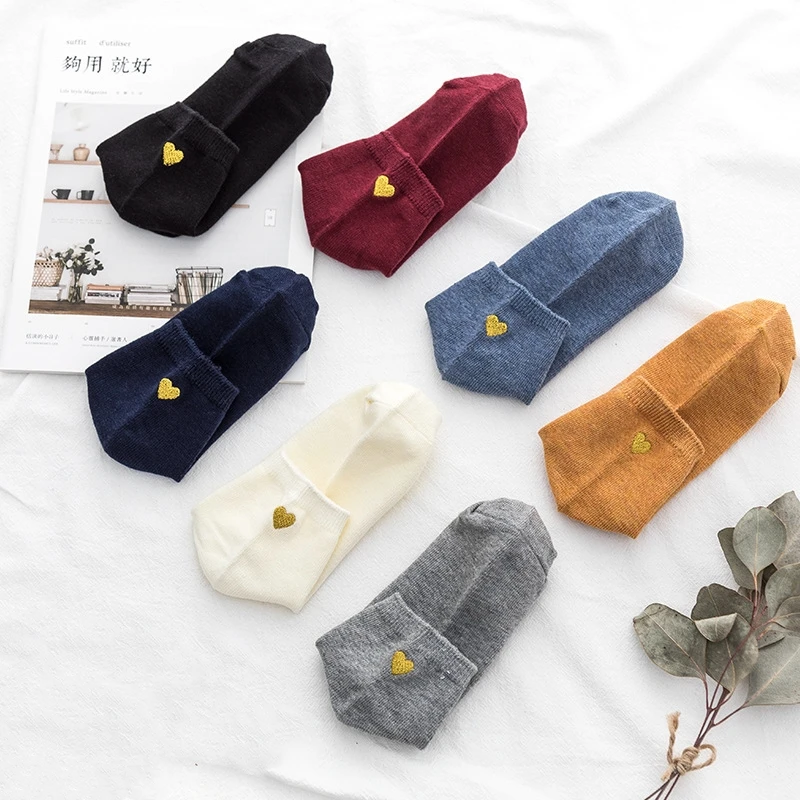 Новинка, женские носки, Осенние, 5 пар, короткие, школьный стиль, хлопок, одноцветные, милые, сердце, женские, модные, короткие носки для женщин