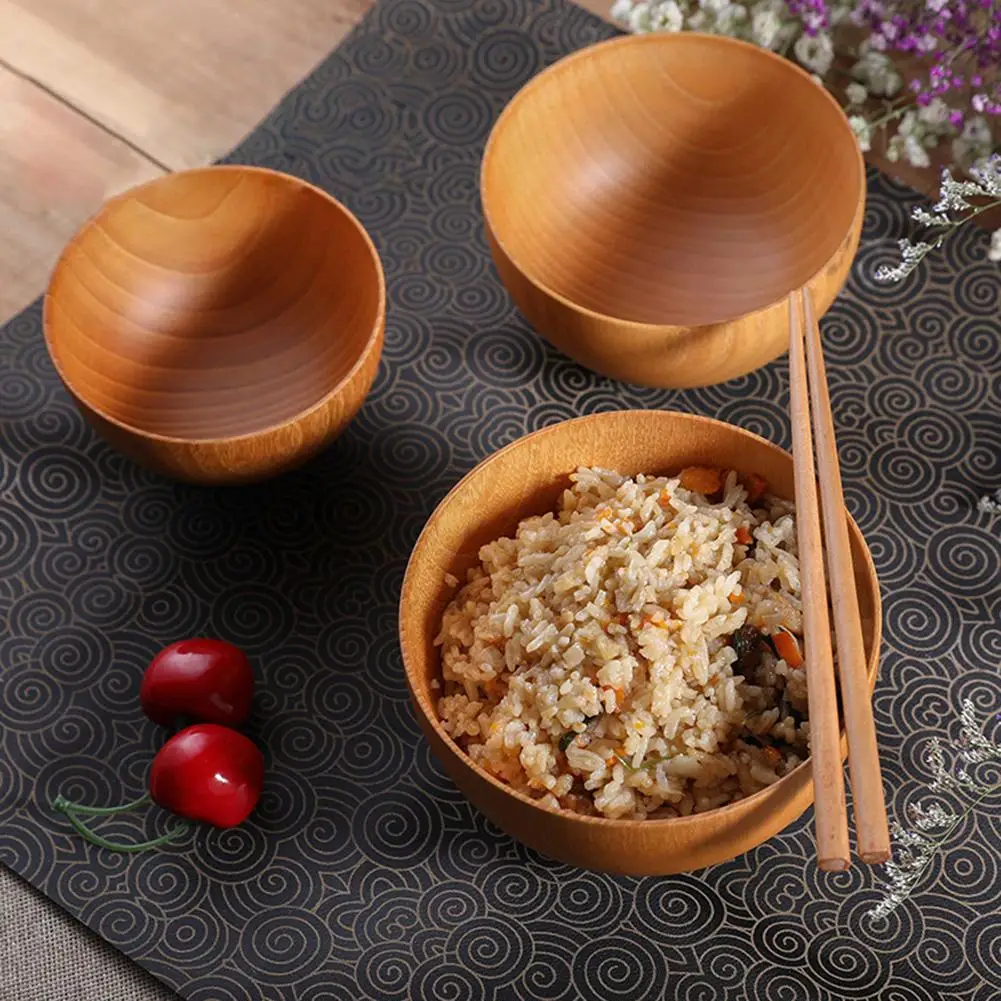 

Wooden Rice Bowl Noodle Soup Dinning Heat Insulated Kitchen Kids Adult Tableware