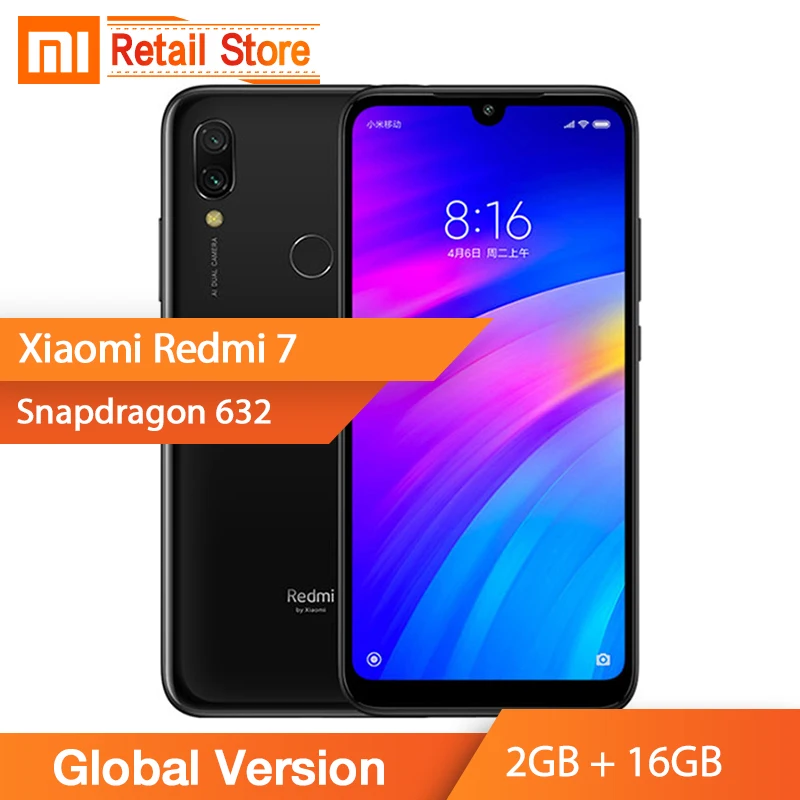 

Global Version Xiaomi Redmi 7 2GB RAM 16GB ROM Smart Phone Snapdragon 632 Octa Core 12MP Cam 6.26" Full Screen 4000mAh Battery