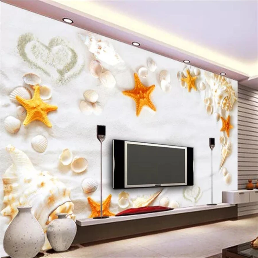 

Custom wallpaper 3d mural love beach starfish shell sand conch TV background wall papers home decor papel de parede 3d wallpaper