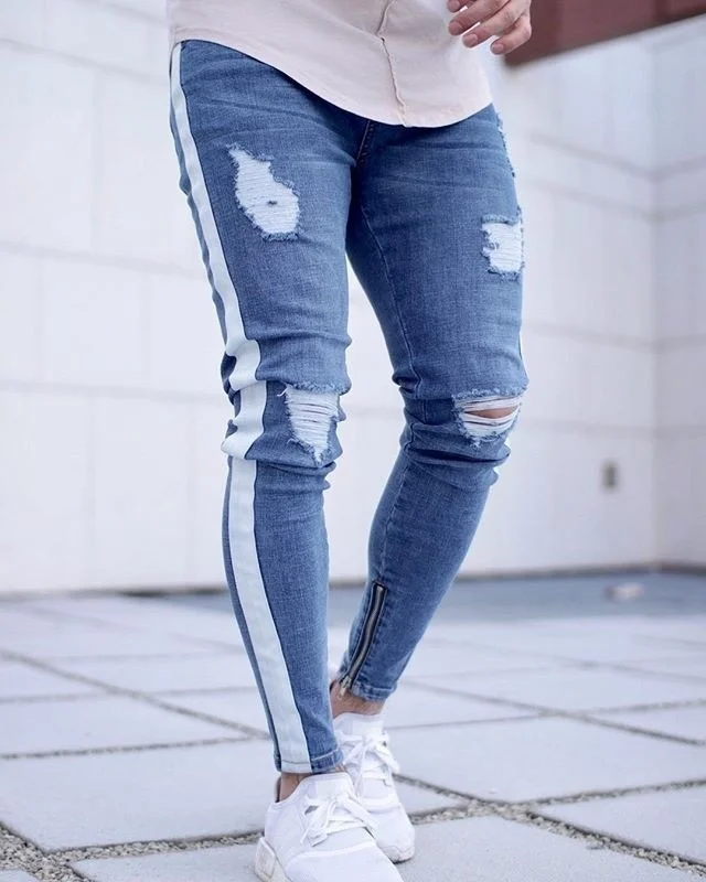 2018 Jeans for Men Tape Designer Distressed Stretch Jeans fashion Brand Blue Skinny Jeans Ripped Slim Fit for Guys Plus Size