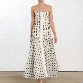 

2019 Rushed Polyester Dress Vadim Zanzea Summer Woman Dress Ladies Temperament Tie Waist Tube Top Wave Split Holiday Long Women