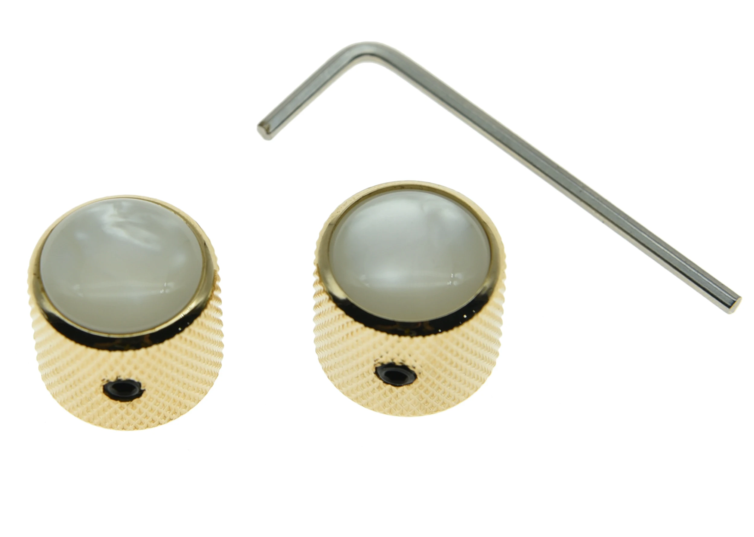 Quality Set of 2 Gold White Pearl Top Guitar Dome Knobs with Set Screw