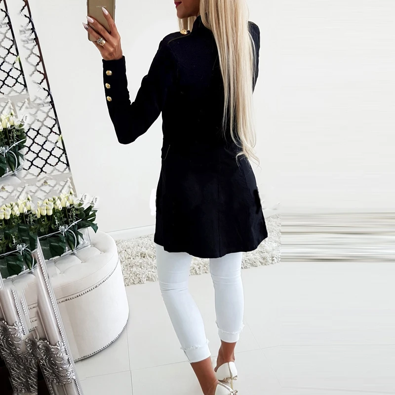 Lossky Women Jacket Blazers Slim Lady Office Wear Outwear Long Sleeve Stand Collar Formal Suit Long Black Red Autumn Spring Coat