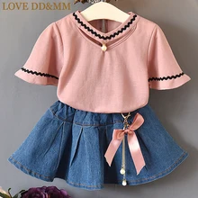 LOVE DD& MM/комплекты для девочек Новинка года, летняя одежда модная футболка с v-образным вырезом и короткими рукавами для девочек+ джинсовая юбка комплект для малышей