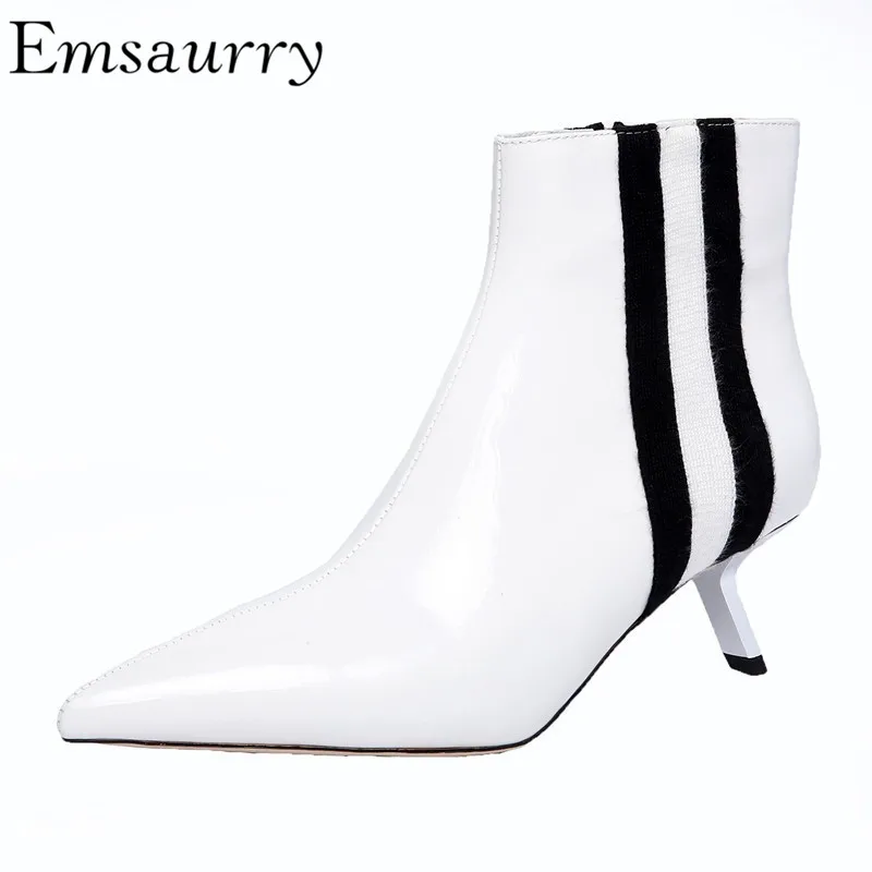 

Striped Black White Ankle Boots Women Quality Patent Leather Point Toe Unique Thin Heel Short Booties Autumn