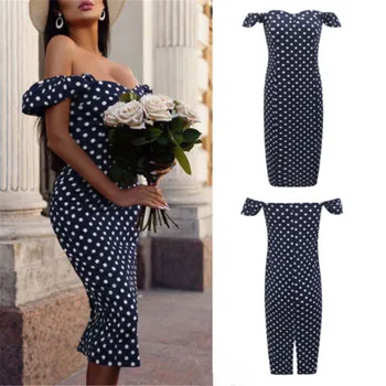 

Polka Dot Print Hip Women Dress Off Shoulder Short Sleeve Bodycon Dress Formal Evening Party Dresses