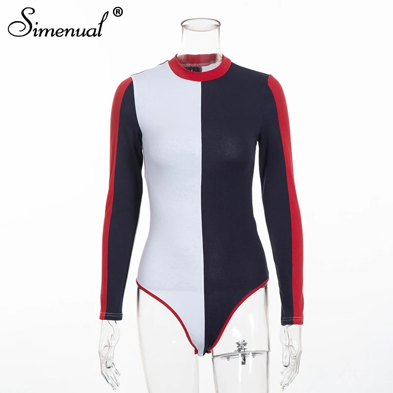 Simenual 2018 Autumn patchwork bodysuit women clothing fashion streetwear long sleeve bandage sexy bodysuits female one piece