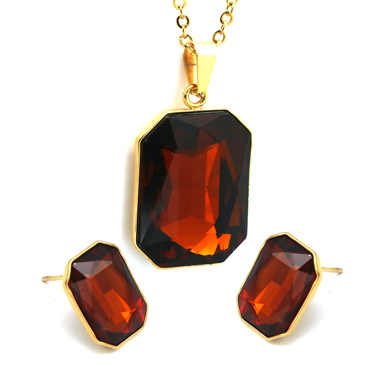 

PZ Red Stone Glass Necklace Engagement stainless steel Jewelry Sets Gold Color Pendant+Earrings Sets