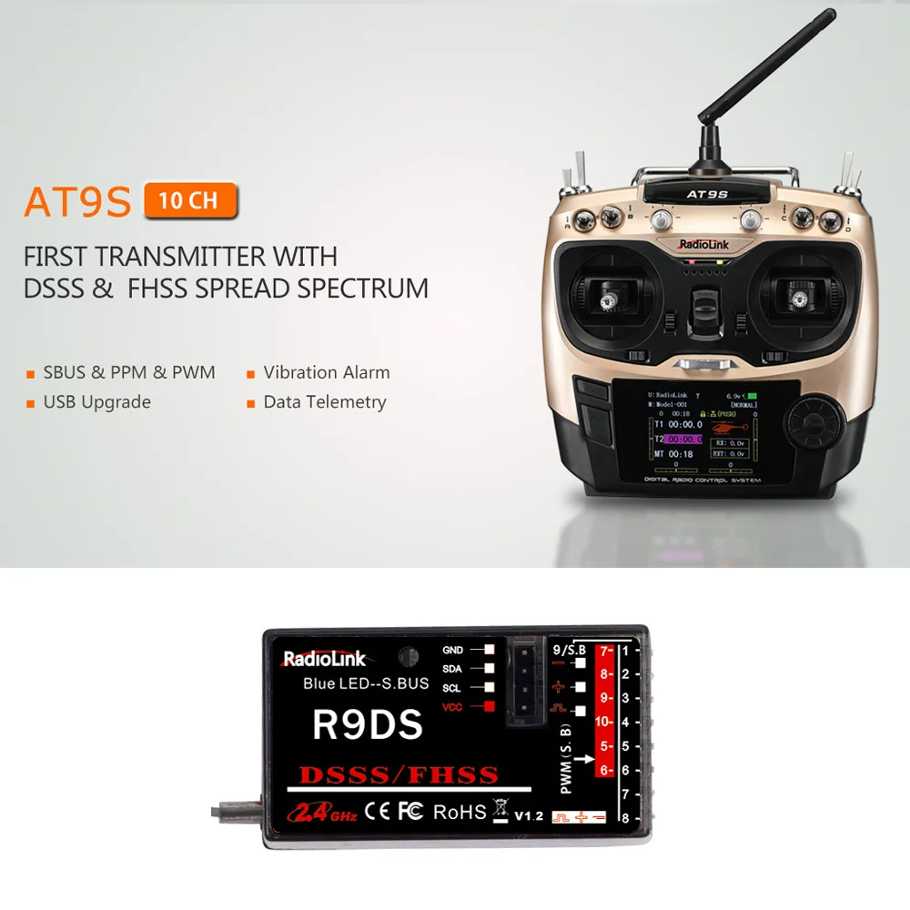 RadioLink AT9S 2.4GHz10CH Remote Control System RC Transmitter Mode 2 & R9DS 10CH Receiver for RC Drone Helicopter Multicopter (15)