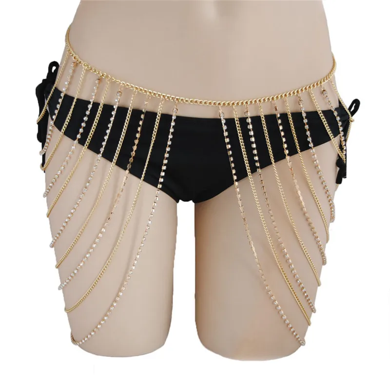  Gold Silver Rhinestones Multi Layers Body Chain Belly Chains Women Leg Thigh Harness Chain Summer B