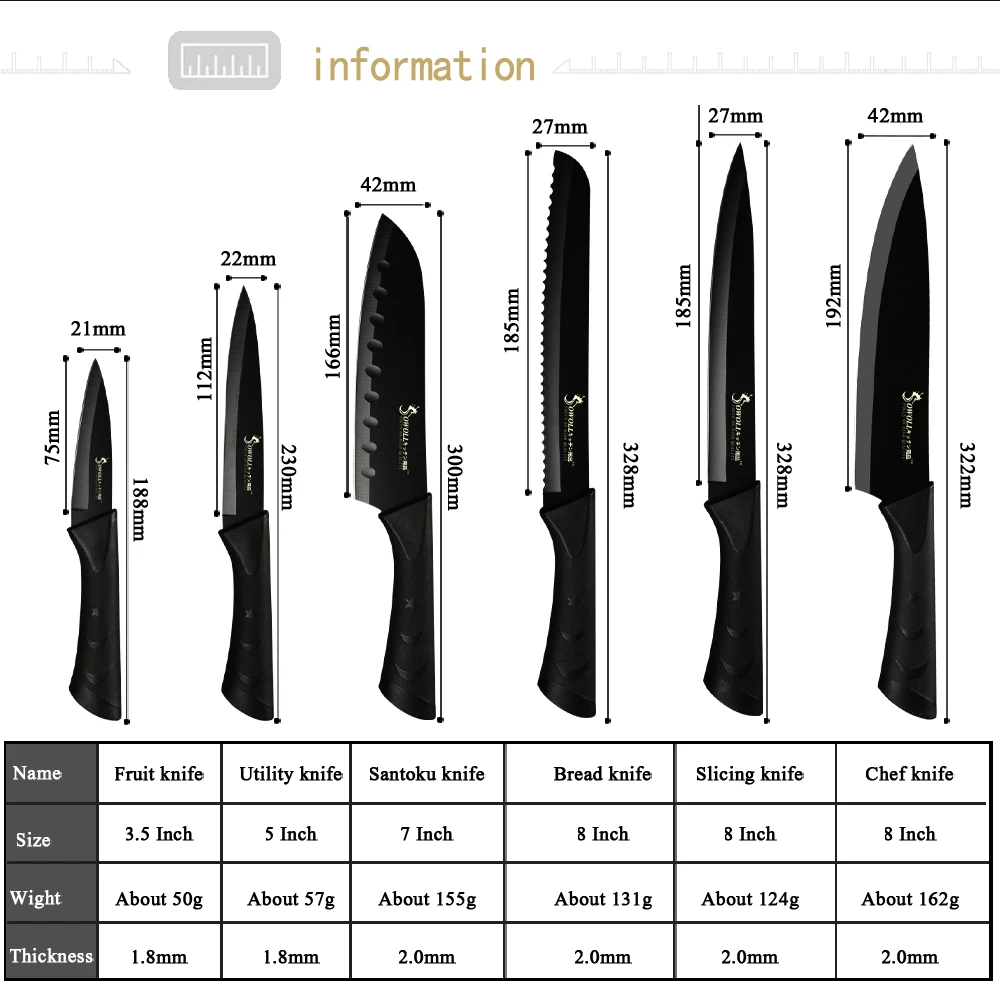 Sowoll, Модный черный набор кухонных ножей из нержавеющей стали, немецкая сталь, ультра острое лезвие, кухонный нож 7Cr17, кухонные инструменты, 6 шт