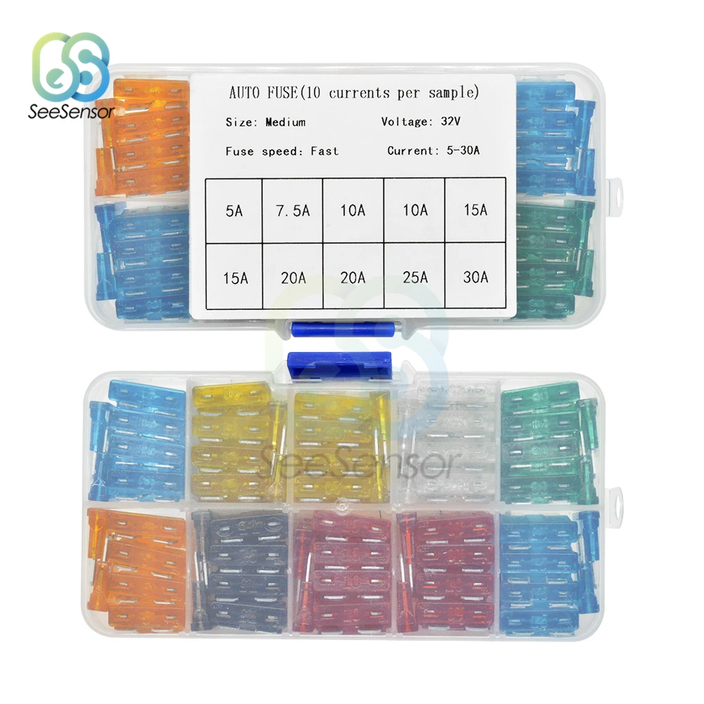100 шт. плавкие предохранители для средних автомобилей 5A 7.5A 10A 15A 20A 25A 30A Amp, набор предохранителей с автоматическим лезвием и зажимом в ассортименте