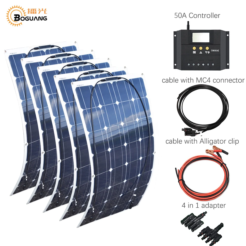 5*100w 500w flexible solar panel system MC4 cable solar connector adapter 50A controller for car