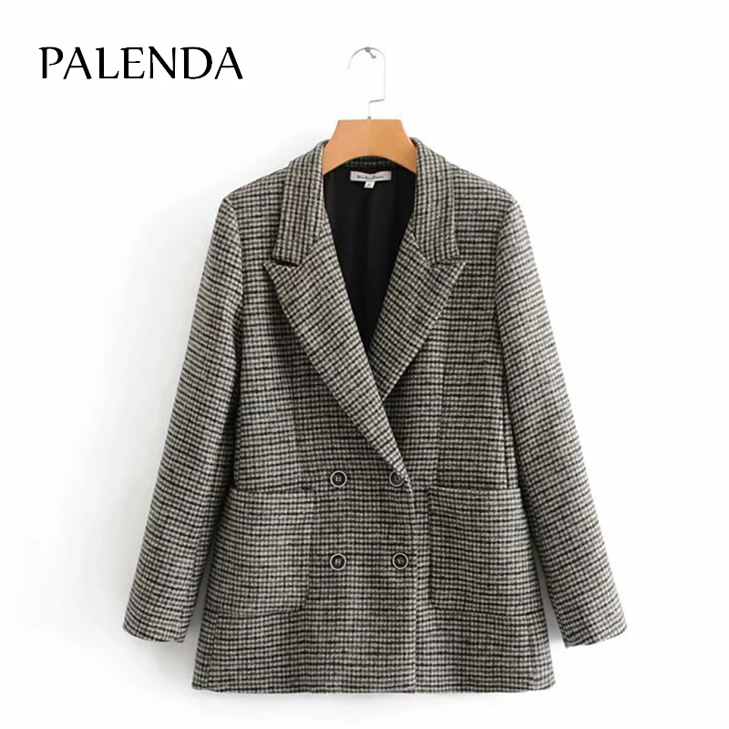 

2018 fashion retro houndstooth checkered loose double-breasted with pockets wild temperament small suit female
